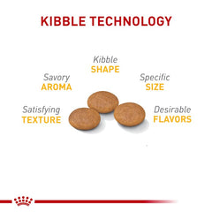 Royal Canin kibble close-up shows small-dog size ideal for sensitive coats.