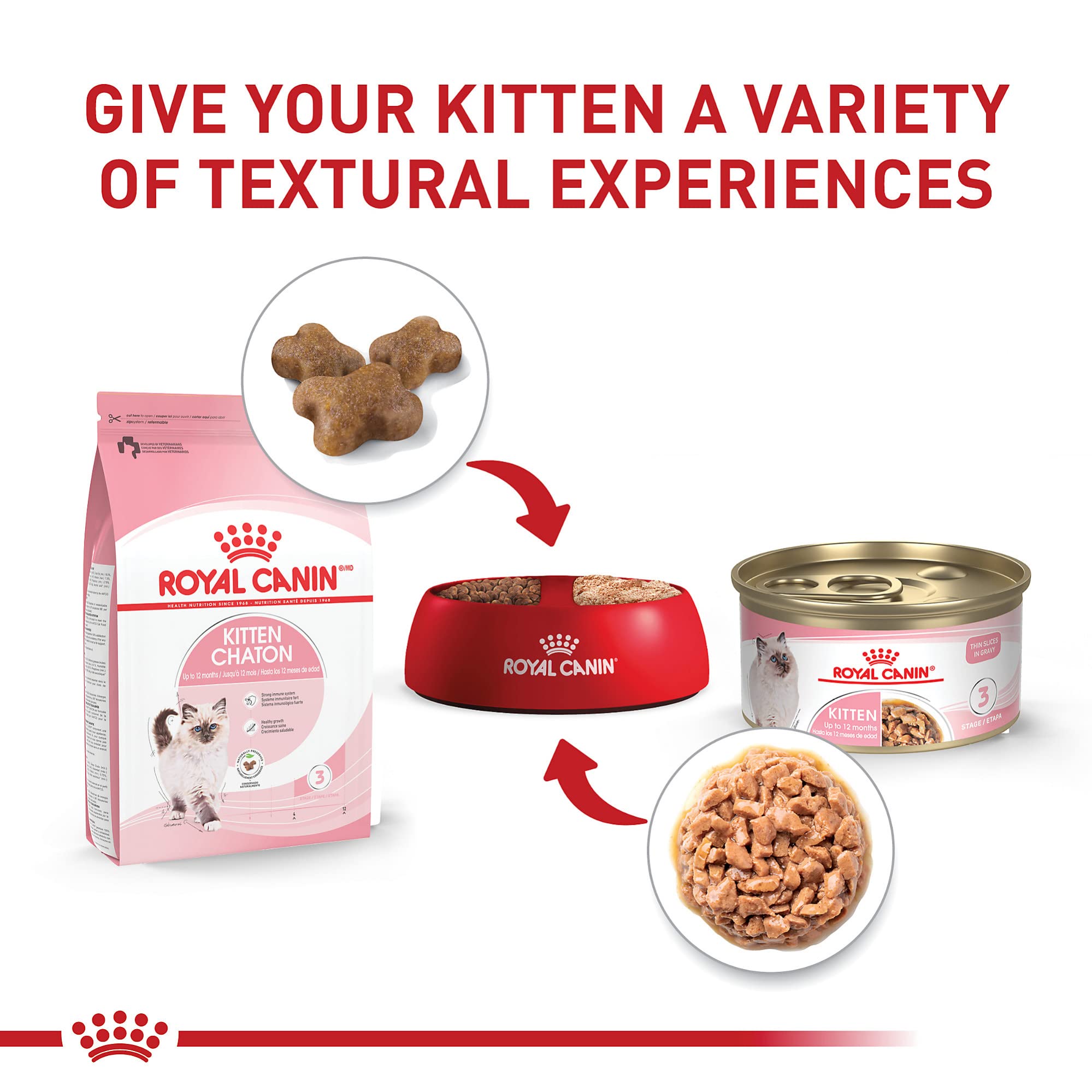 Royal Canin Kitten Soft Texture Gravy closeup shows easy chewing for growing teeth.