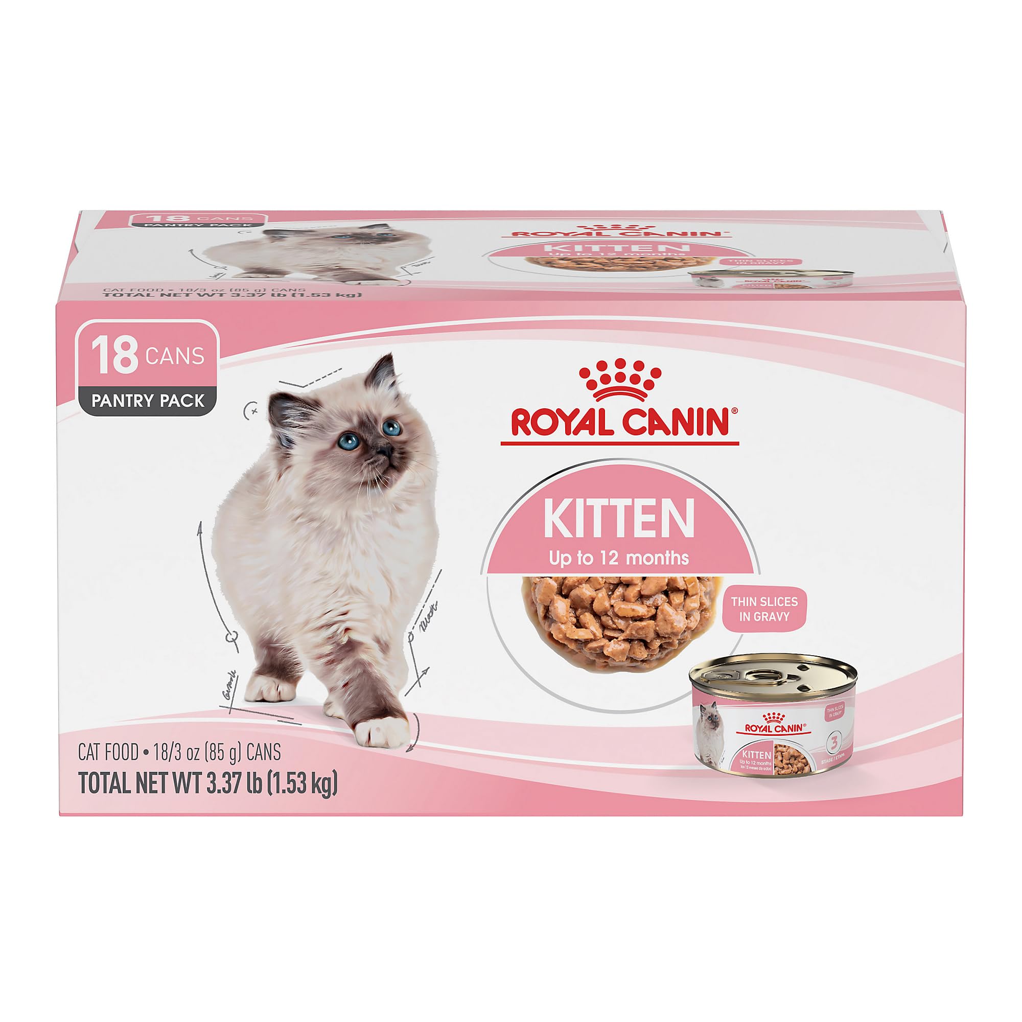 ROYAL CANIN Kitten Thin Slices in Gravy can close-up showing tender texture for growing kittens.