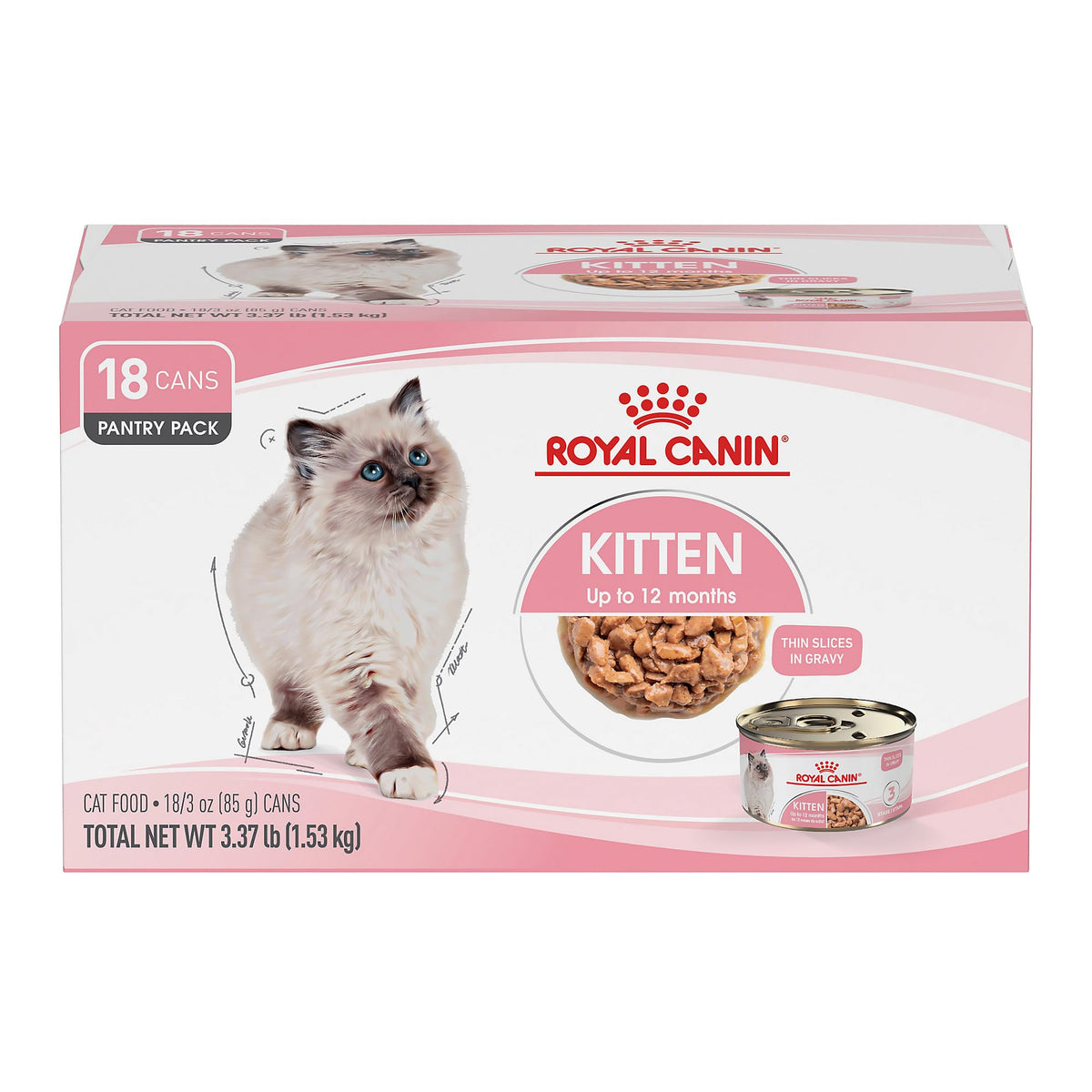 ROYAL CANIN Kitten Thin Slices in Gravy can close-up showing tender texture for growing kittens.