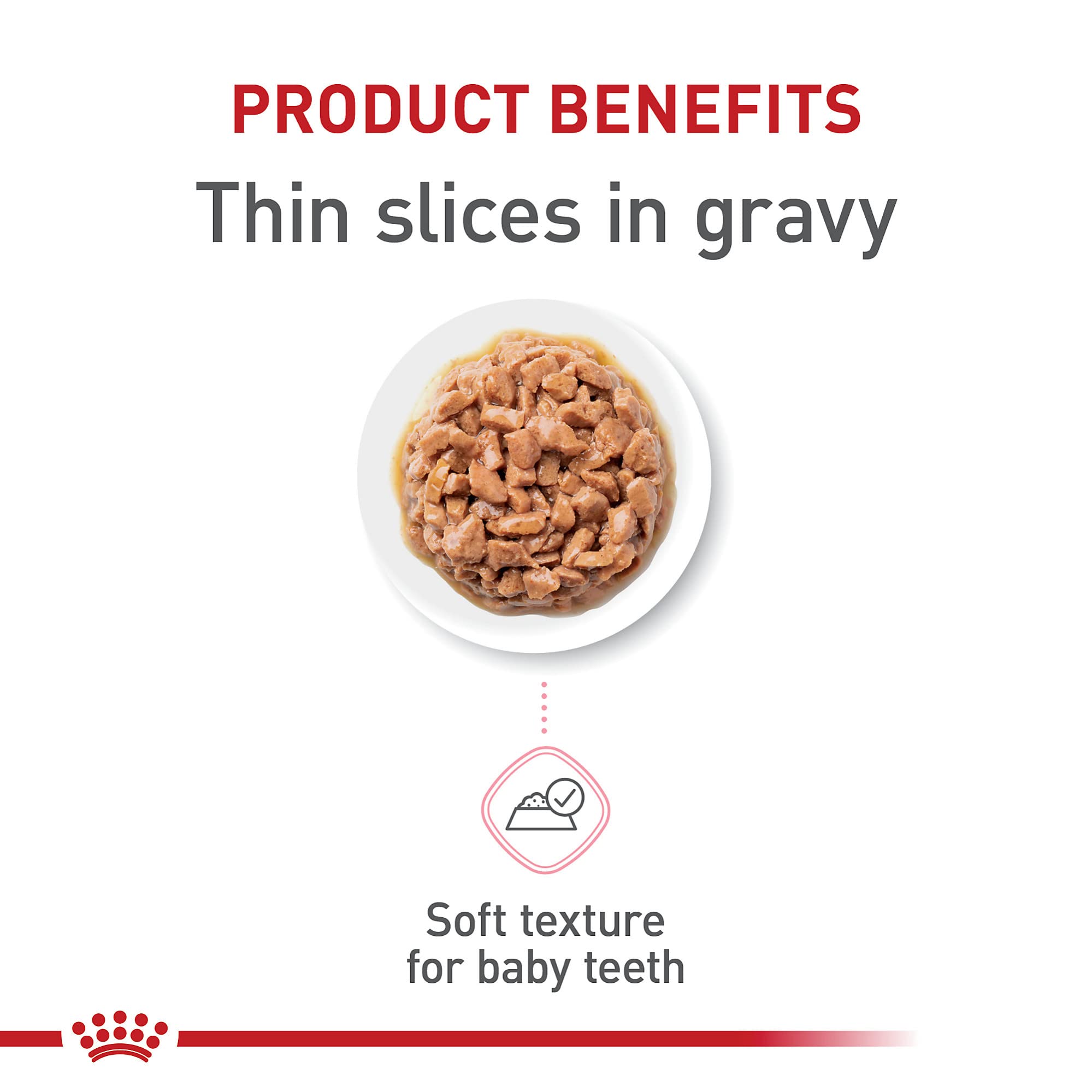 ROYAL CANIN Kitten Thin Slices in Gravy served in a bowl to show easy feeding for curious kittens.