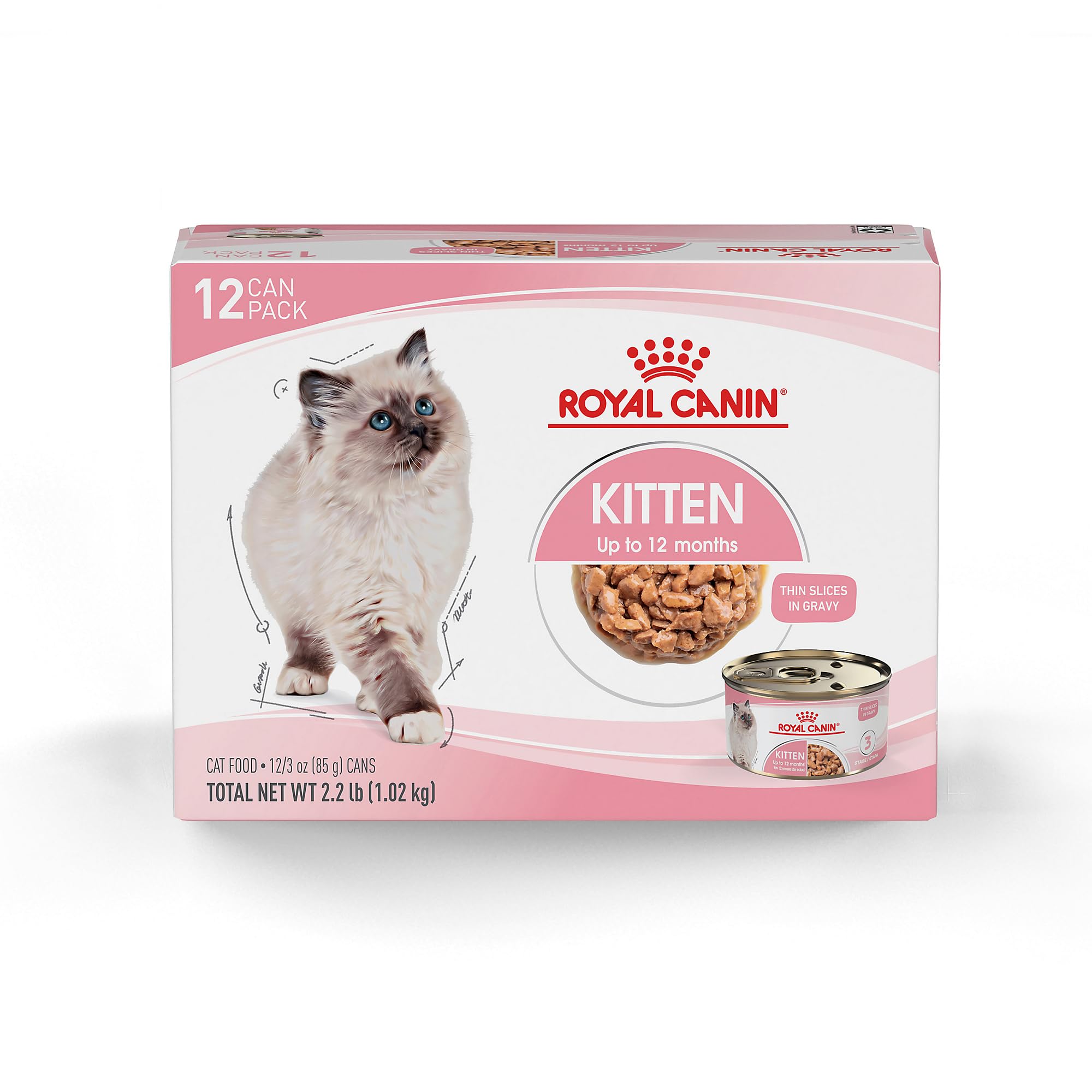 Royal Canin Kitten Thin Slices in Gravy packaging shown for easy feeding prep.