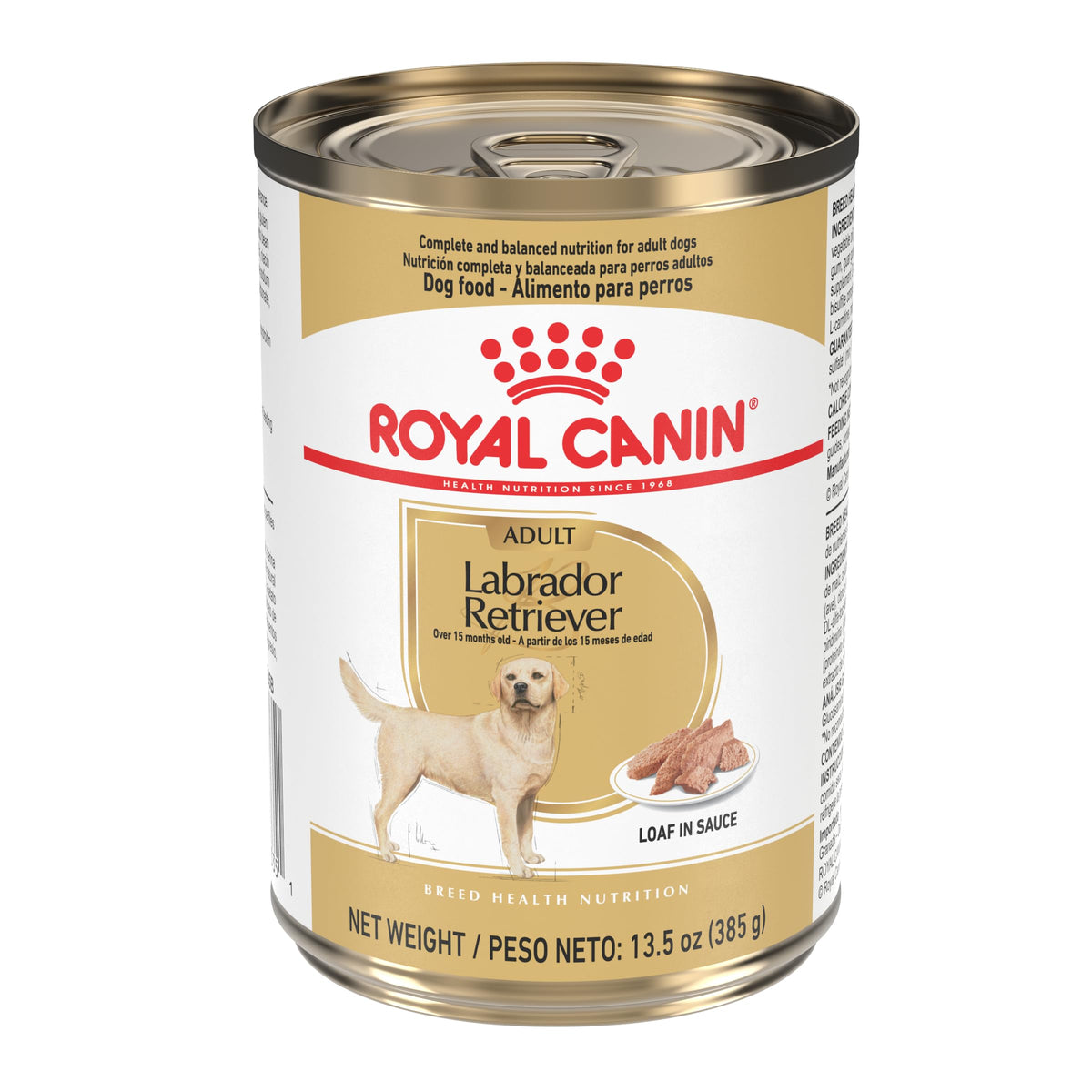 Royal Canin Labrador Retriever loaf in sauce wet food for large breeds, palatable paté texture.
