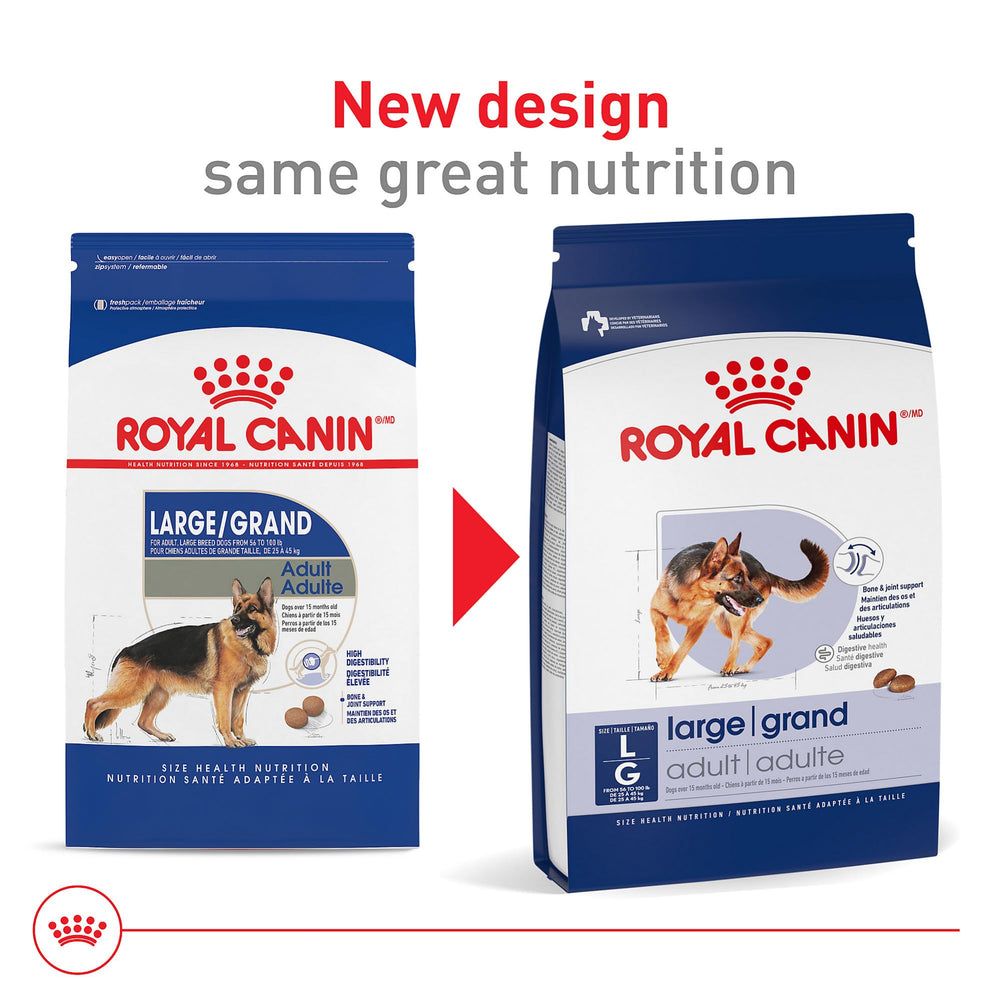 Royal Canin large adult dry dog food bag highlights premium nutrition at home.