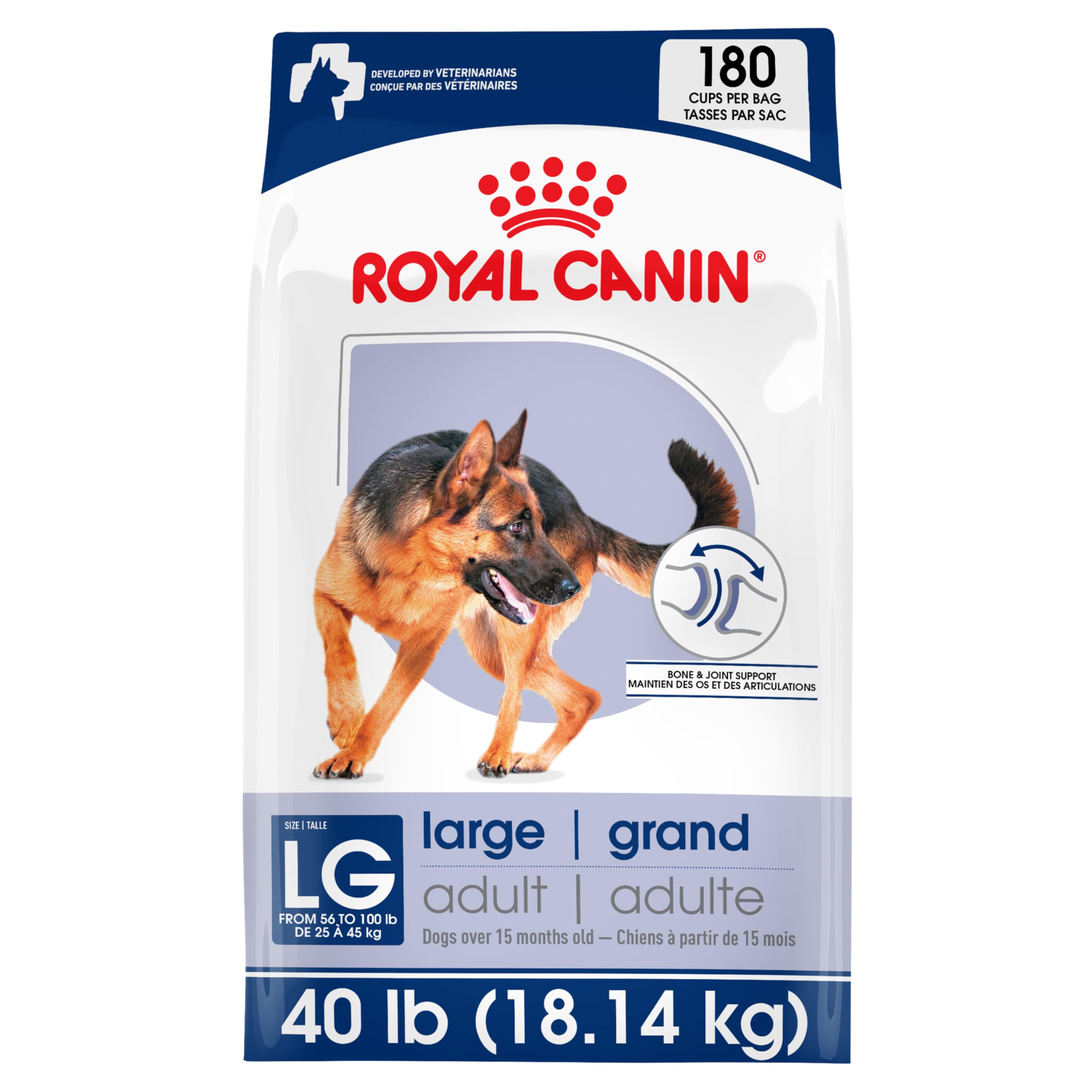 Royal Canin Large Adult kibble shown for large dogs, emphasizing palatability.