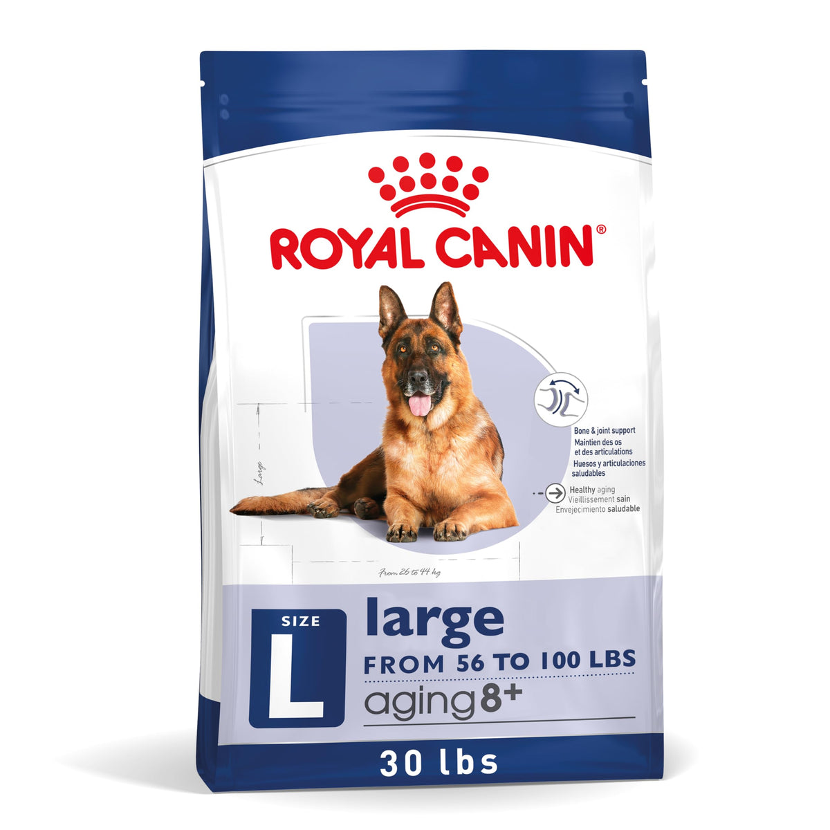 Royal Canin large aging 8+ dry dog food bag for senior large breeds.