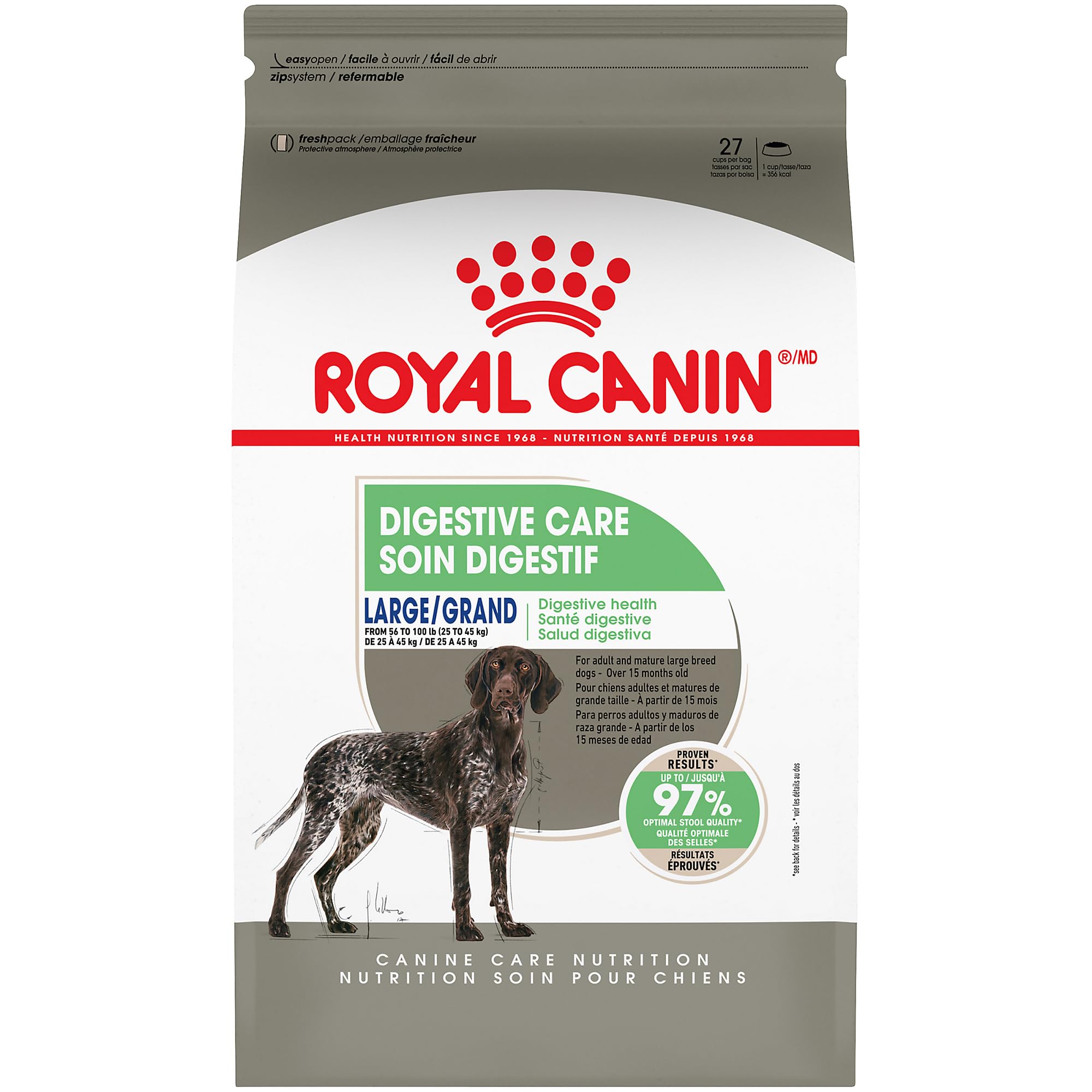 Royal Canin Large Digestive Care dry dog food bag demonstrates balanced digestion for large dogs.