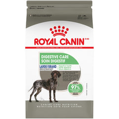 Royal Canin Large Digestive Care dry dog food bag demonstrates balanced digestion for large dogs.
