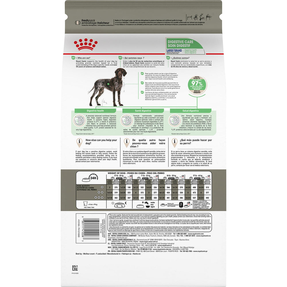 Royal Canin Large Digestive Care product photo with clear portioning guidance.
