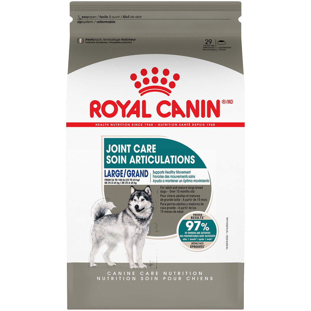 Royal Canin Large Joint Care dry dog food bag on display, supporting joint health for large dogs.