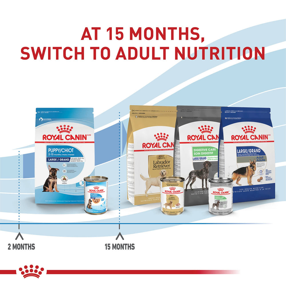 Royal Canin Large Puppy soft-texture slices emphasize easy chewing.