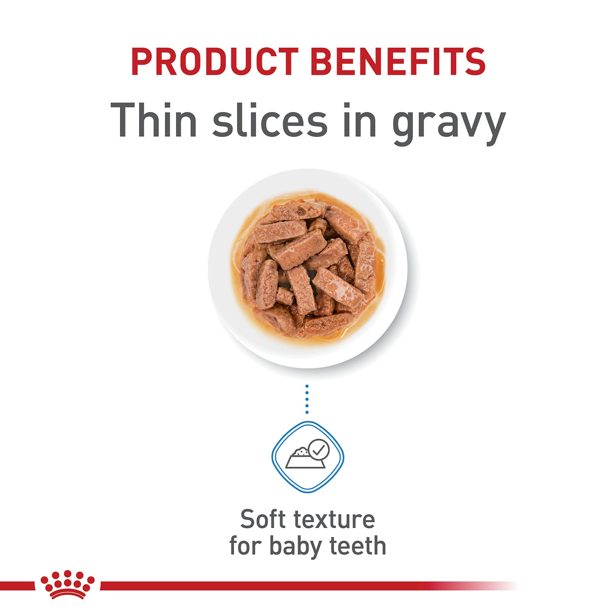 Royal Canin Large Puppy thin-slices in gravy closeup shows tender texture for easy chewing.