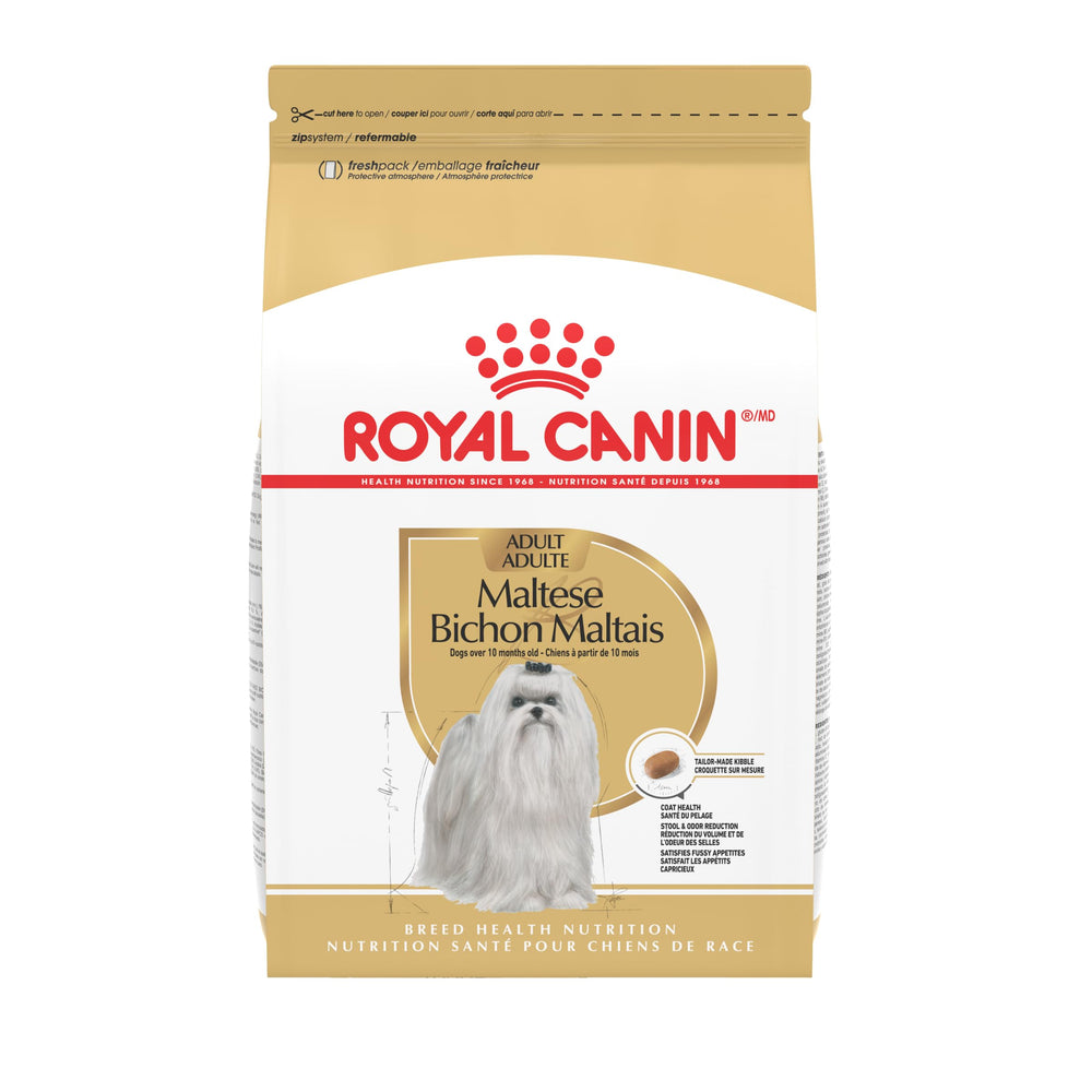 Royal Canin Maltese Adult dry food bag supports breed-specific nutrition for Maltese