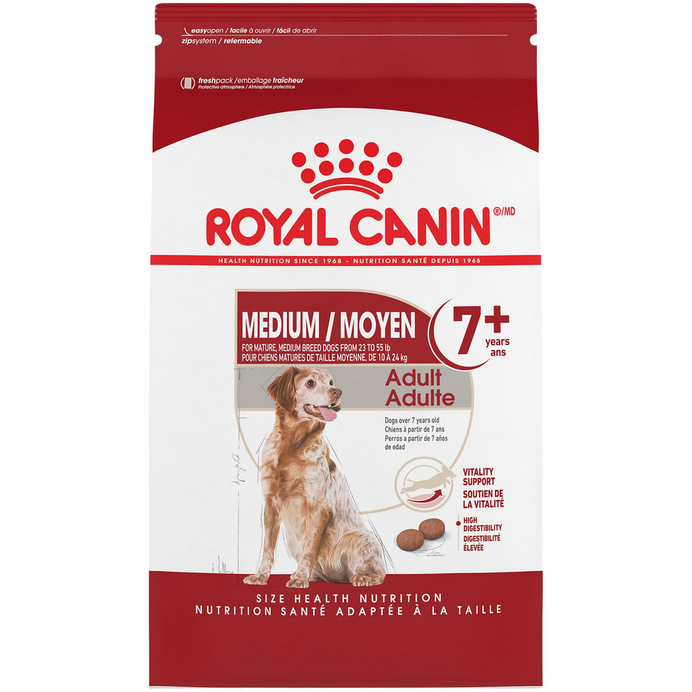 Royal Canin Medium Adult 7+ dry dog food bag showing size-appropriate packaging for aging dogs