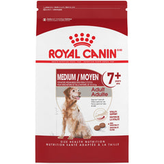 Royal Canin Medium Adult 7+ dry dog food bag showing size-appropriate packaging for aging dogs