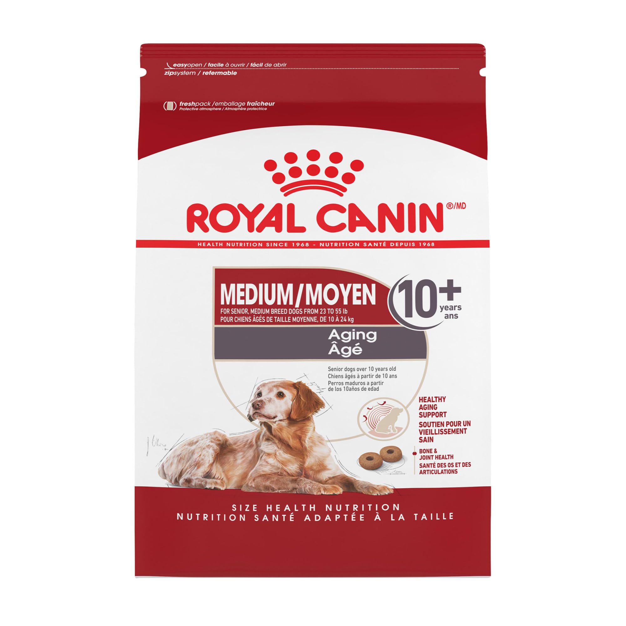 Royal Canin Medium Aging 10+ dry dog food bag for senior nutrition.