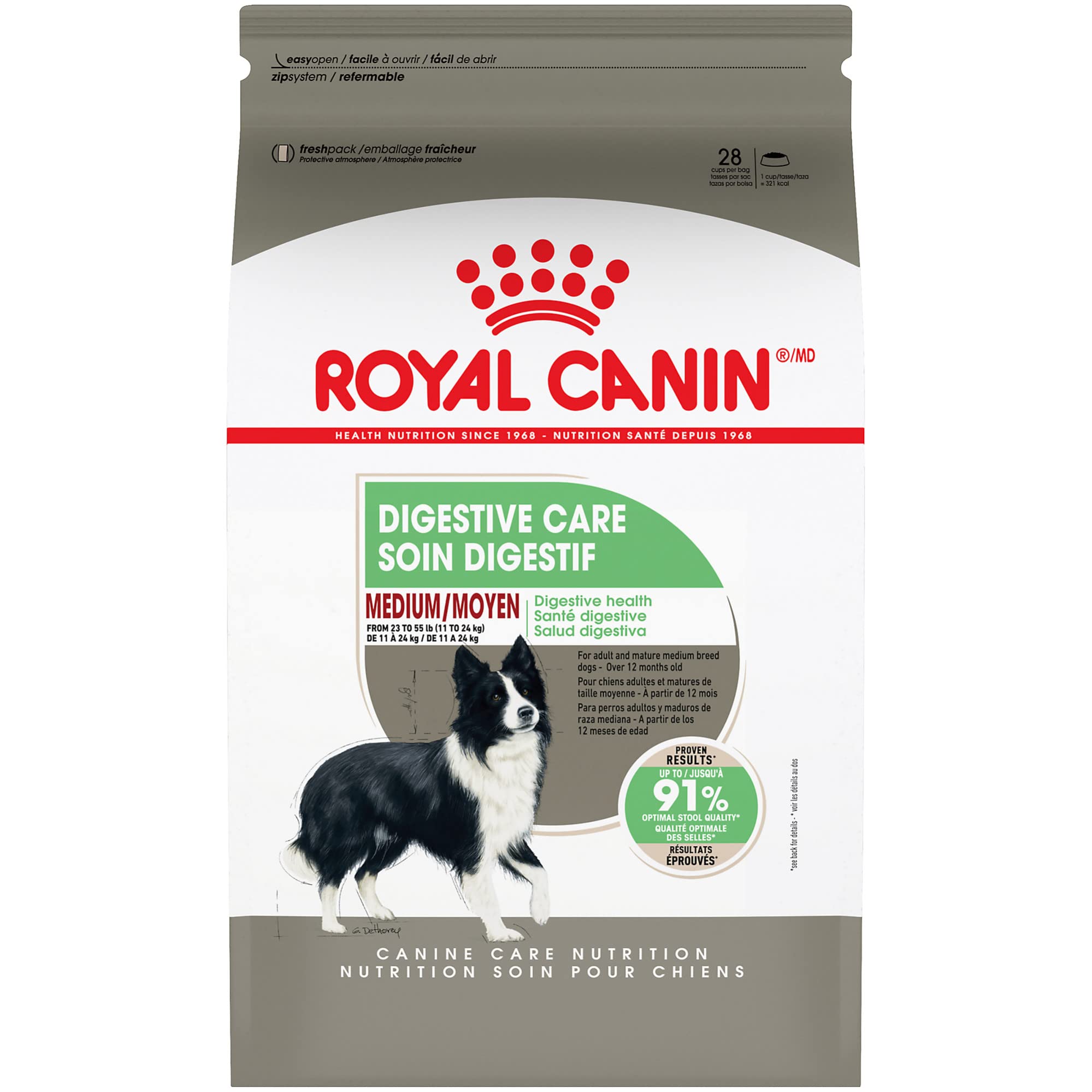 Royal Canin Medium Digestive Care dry dog food bag shows premium formula for sensitive stomachs.