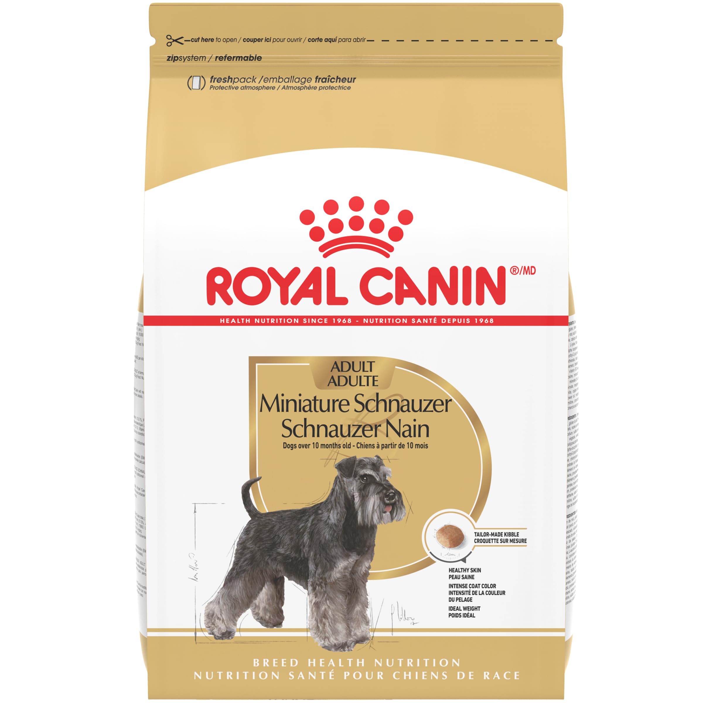 Royal Canin Miniature Schnauzer adult bag showing breed-specific nutrition for small dogs