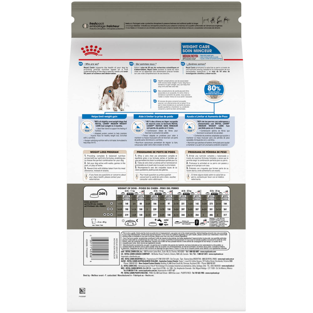 Royal Canin packaging with lifestyle background suggesting weight management.