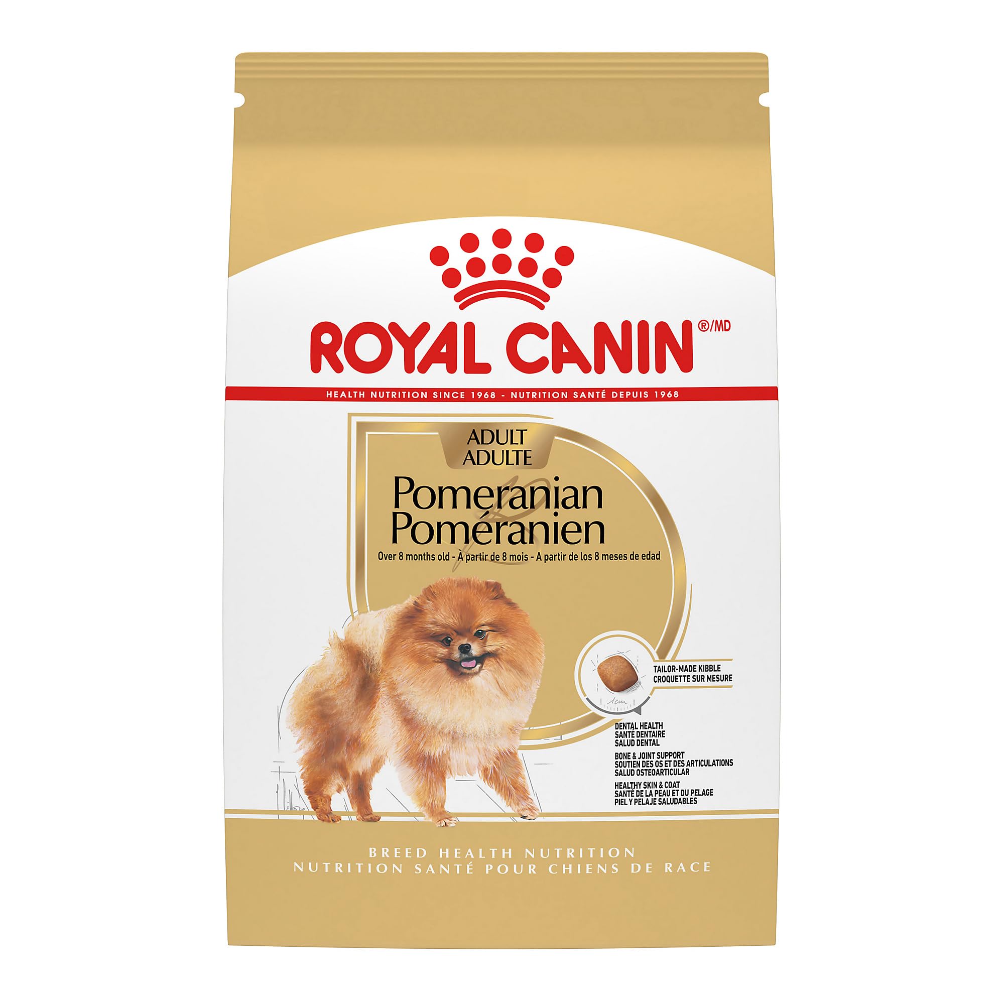 Royal Canin Pomeranian adult dry food, bowl-friendly bite for tiny jaws and easy chewing.