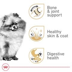 Royal Canin Pomeranian skin and coat health formula supports a shiny coat and comfortable skin.