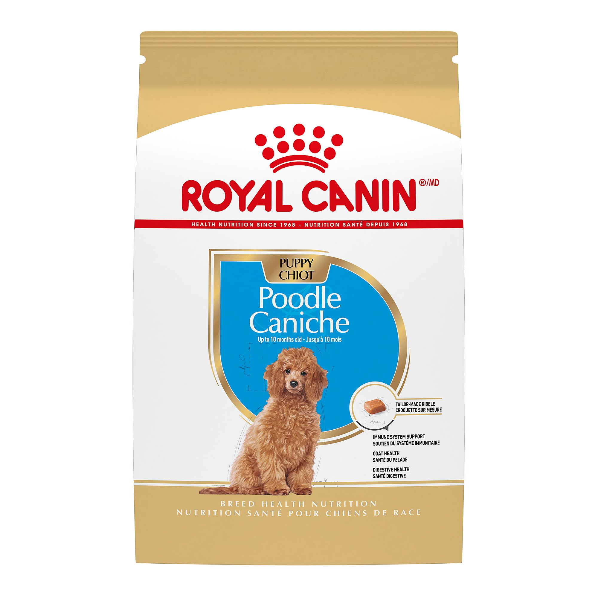 Royal Canin Poodle Puppy dry food bag highlighting breed-specific nutrition for growth