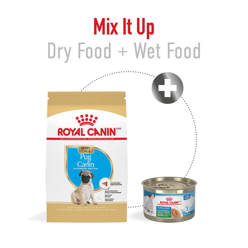 Royal Canin Pug Puppy digestive health with prebiotics and quality protein.