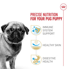 Royal Canin Pug Puppy antioxidant blend emphasizes immune support potential.