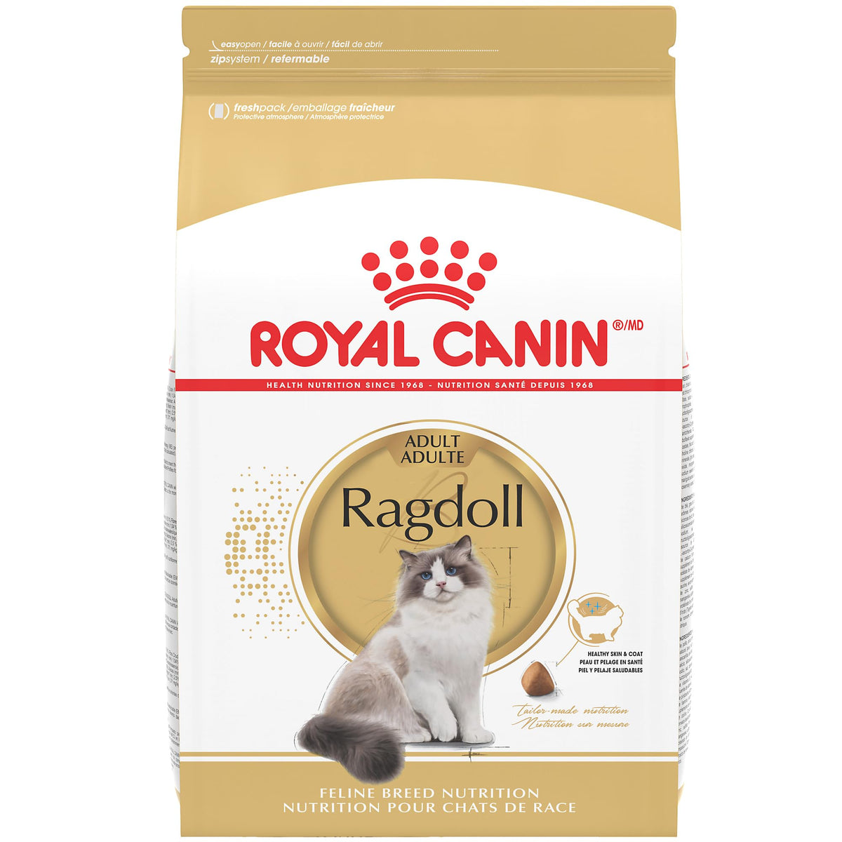 Royal Canin Ragdoll adult dry cat food bag front showcasing breed-specific nutrition for large cats