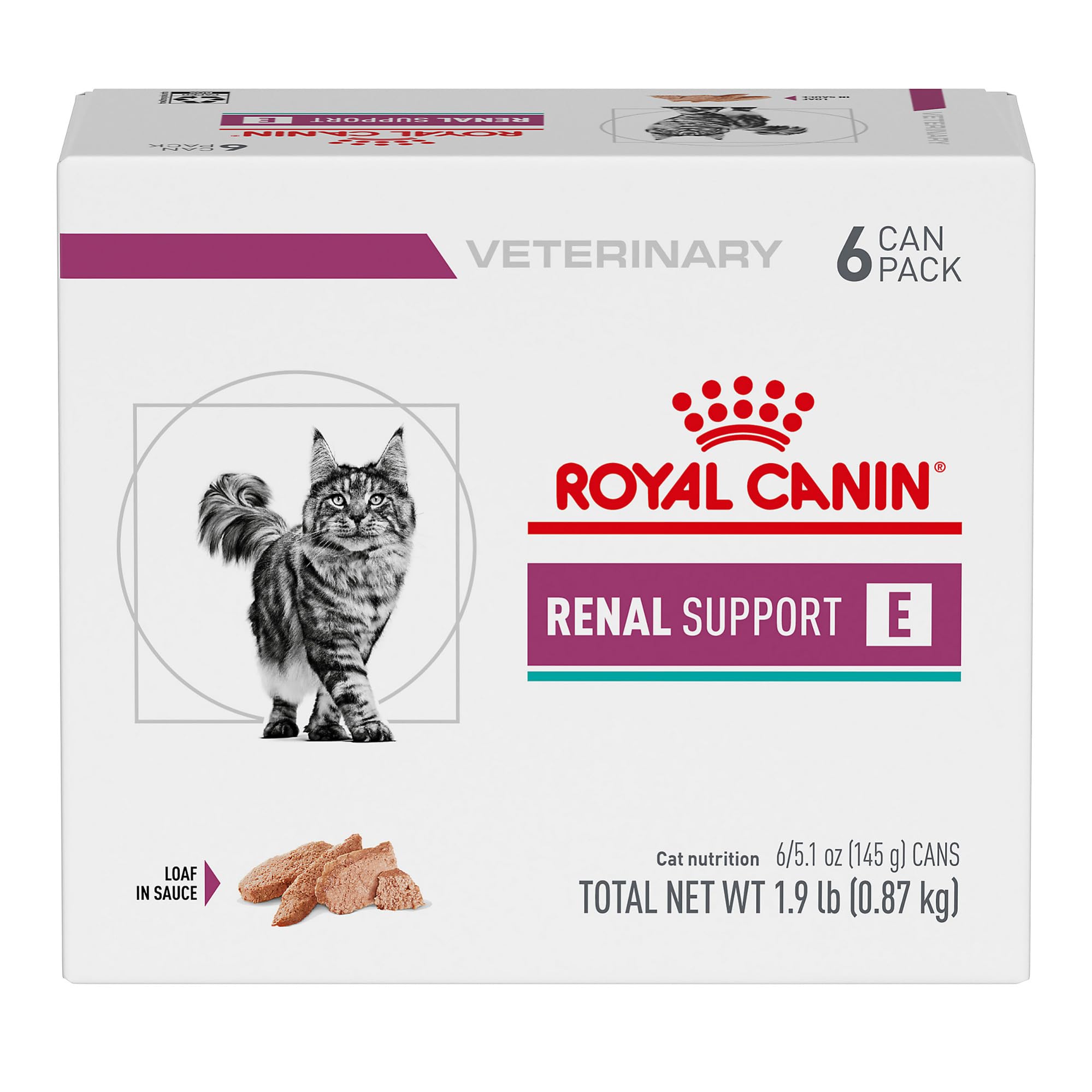 Royal Canin Renal Support E loaf in sauce front view, appetizing meal option.