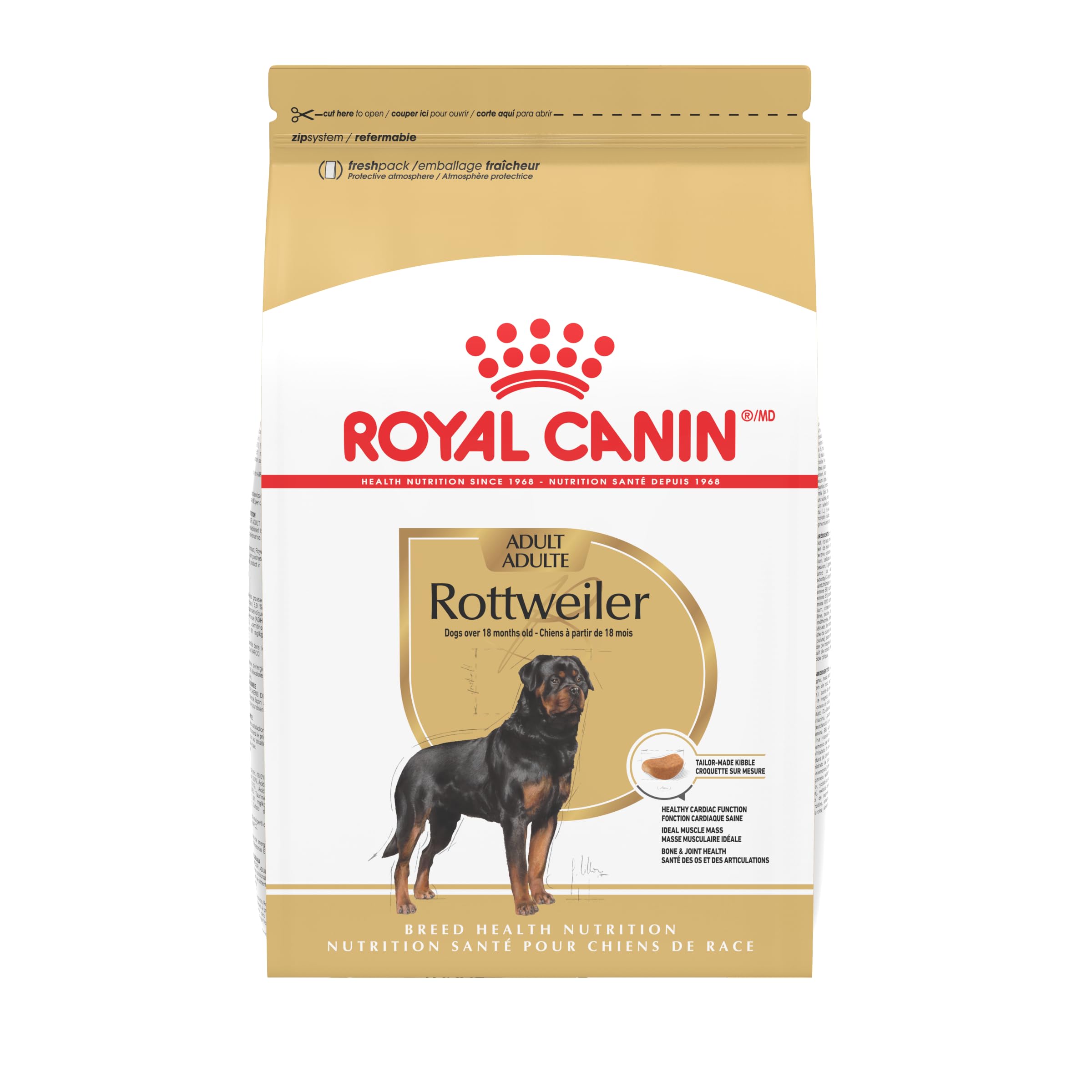 Royal Canin Rottweiler Adult dry dog food bag highlighting breed-specific nutrition for giant dogs and joint support