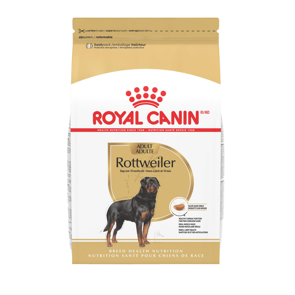 Royal Canin Rottweiler Adult dry dog food bag highlighting breed-specific nutrition for giant dogs and joint support