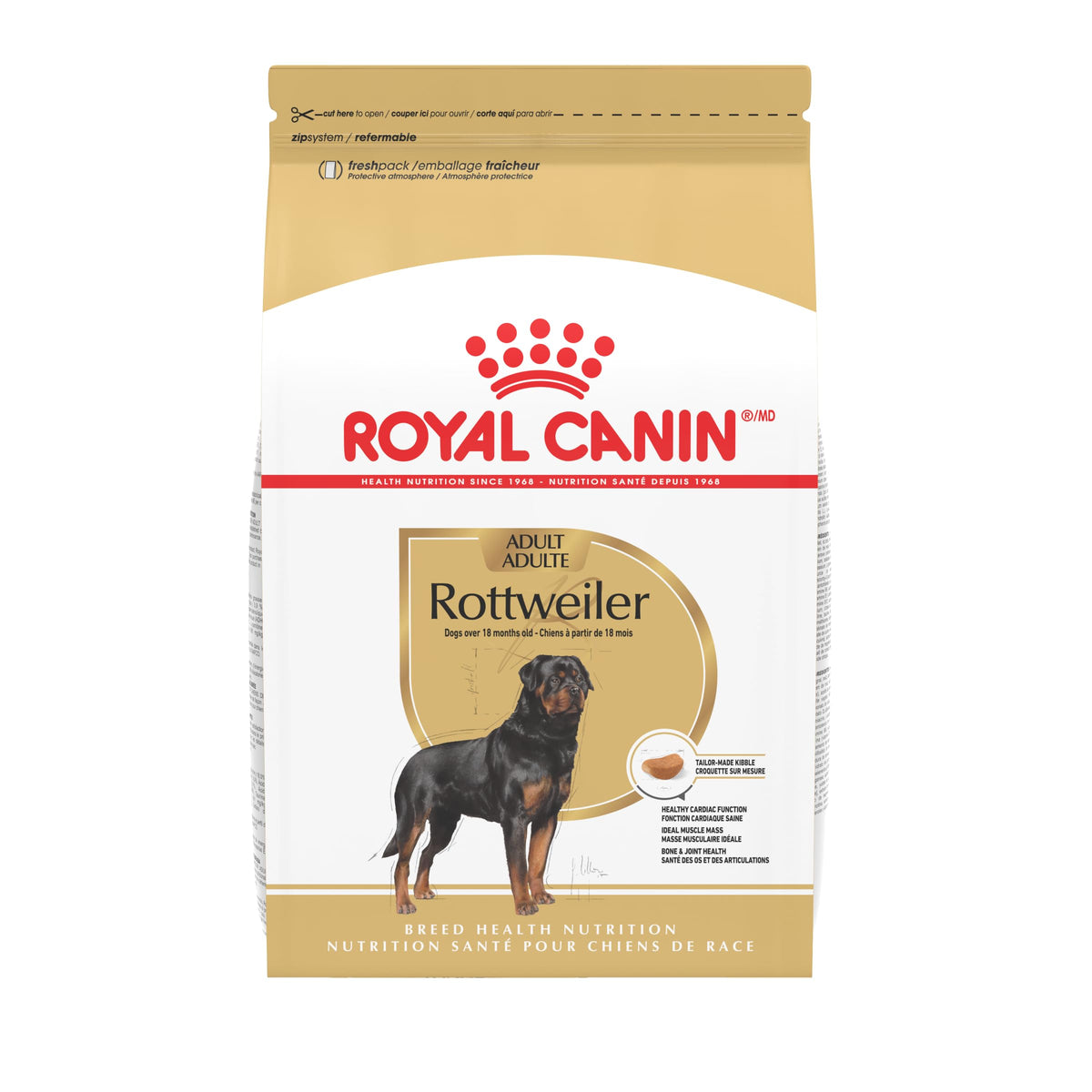 Royal Canin Rottweiler Adult dry dog food bag highlighting breed-specific nutrition for giant dogs and joint support