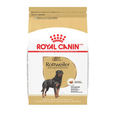 Royal Canin Rottweiler Adult dry dog food bag highlighting breed-specific nutrition for giant dogs and joint support