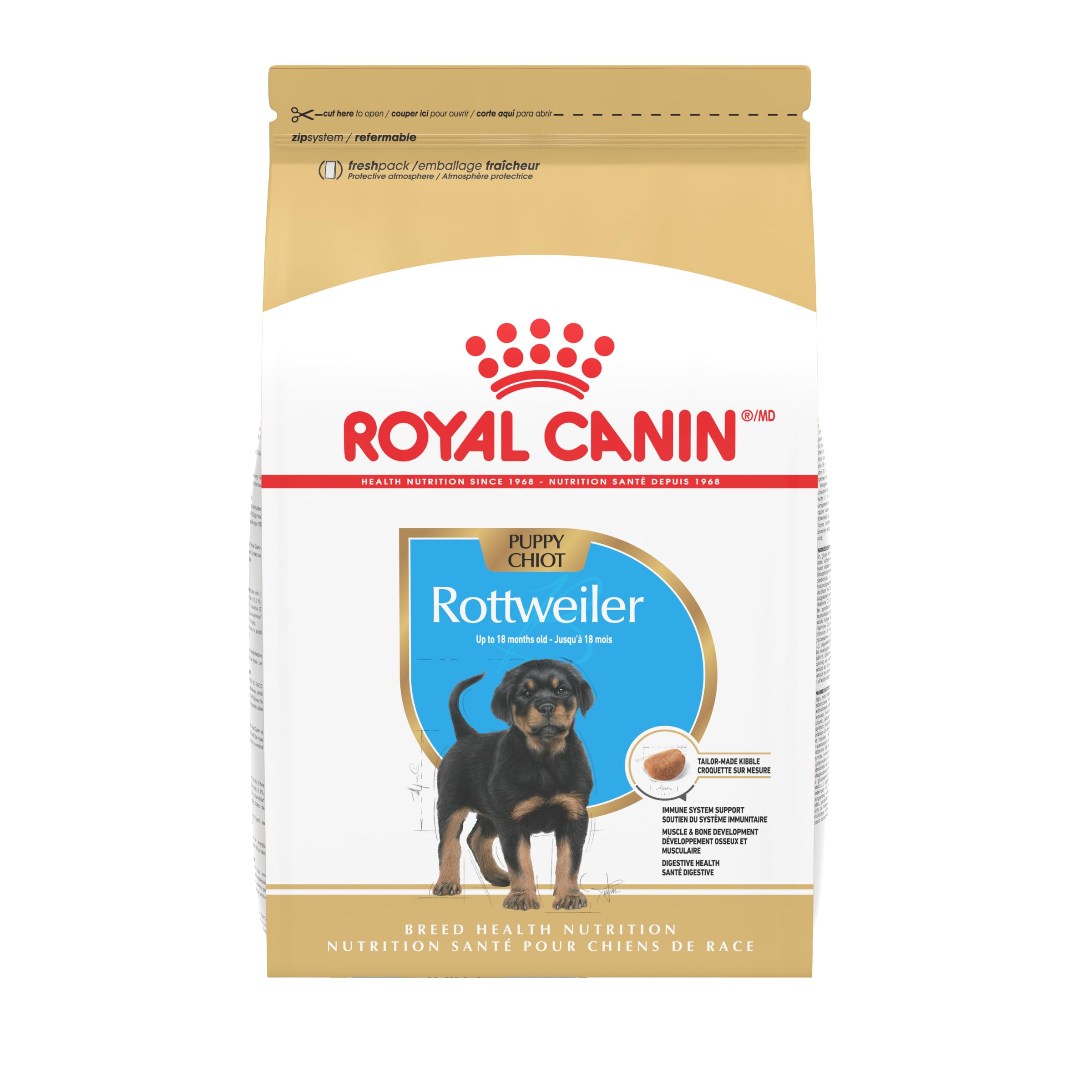 Royal Canin Rottweiler Puppy bowl and kibble designed for easy pickup by large-breed puppies
