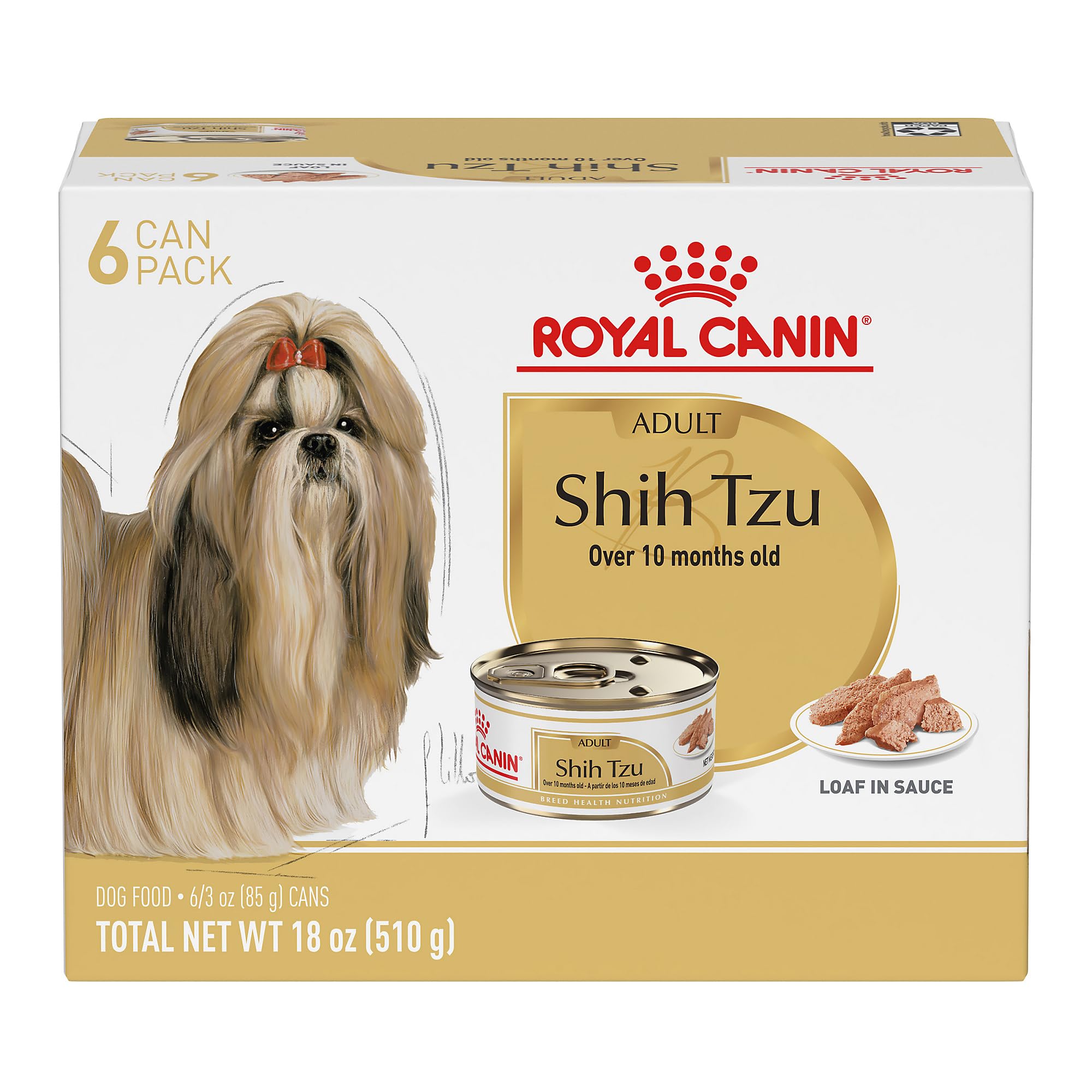 Royal Canin Shih Tzu loaf in sauce pack six tins for easy portioning.