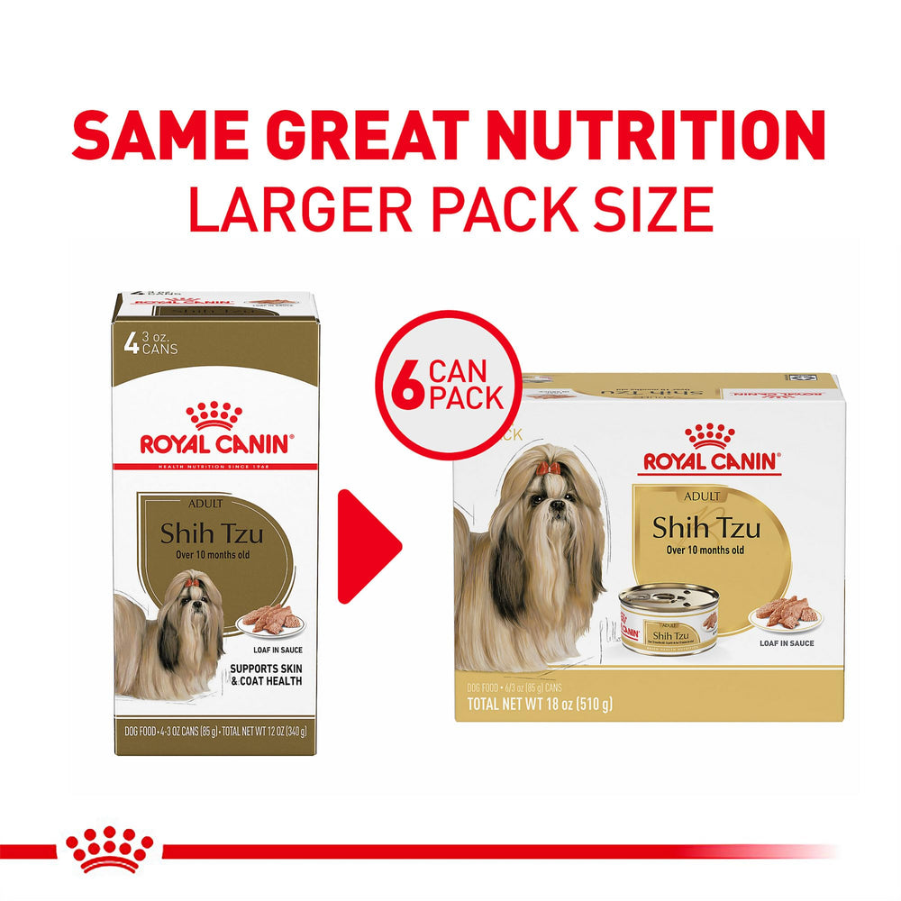 Royal Canin Shih Tzu loaf in sauce tin closeup shows smooth paté texture.