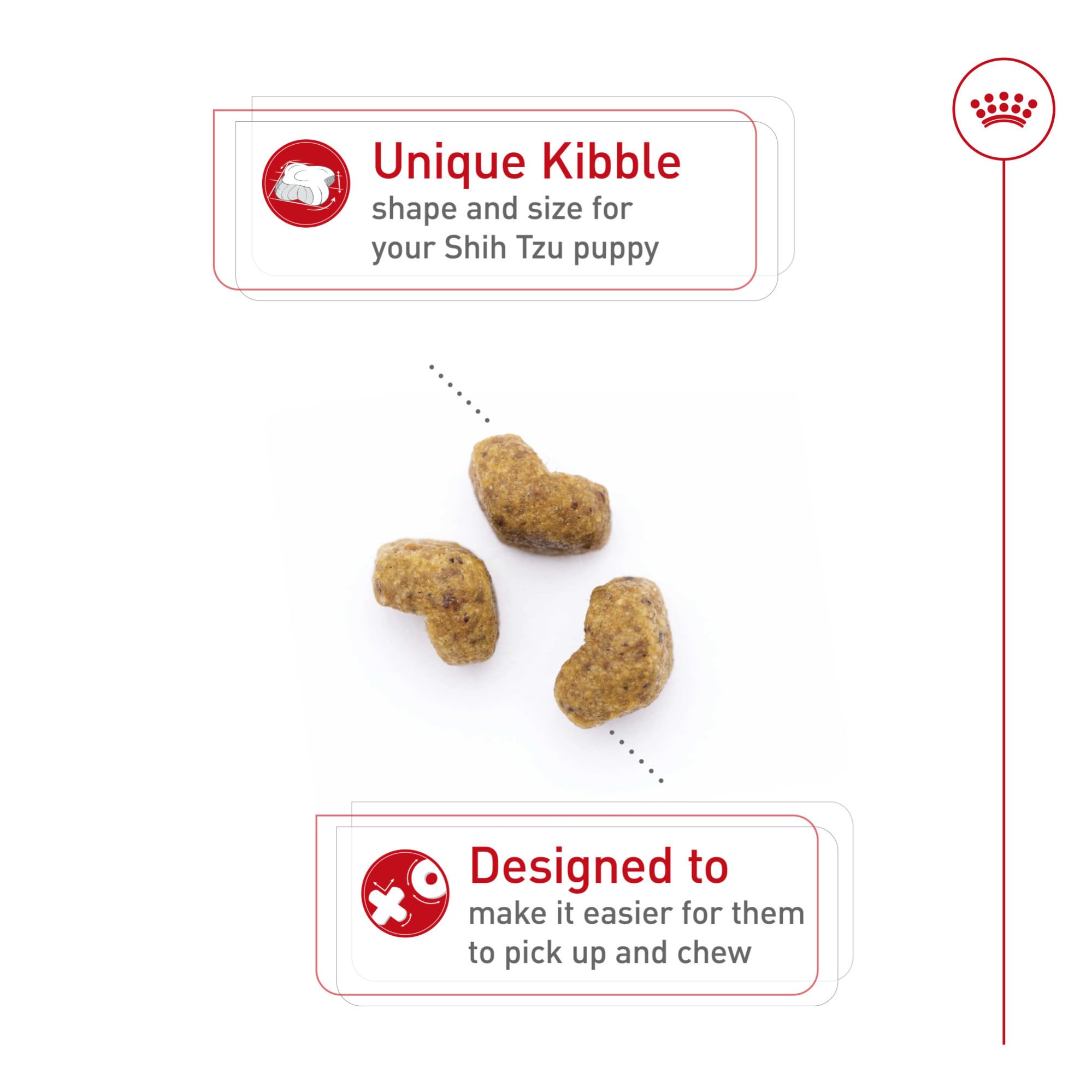 Specialized kibble supports underbite comfort and easy picking.