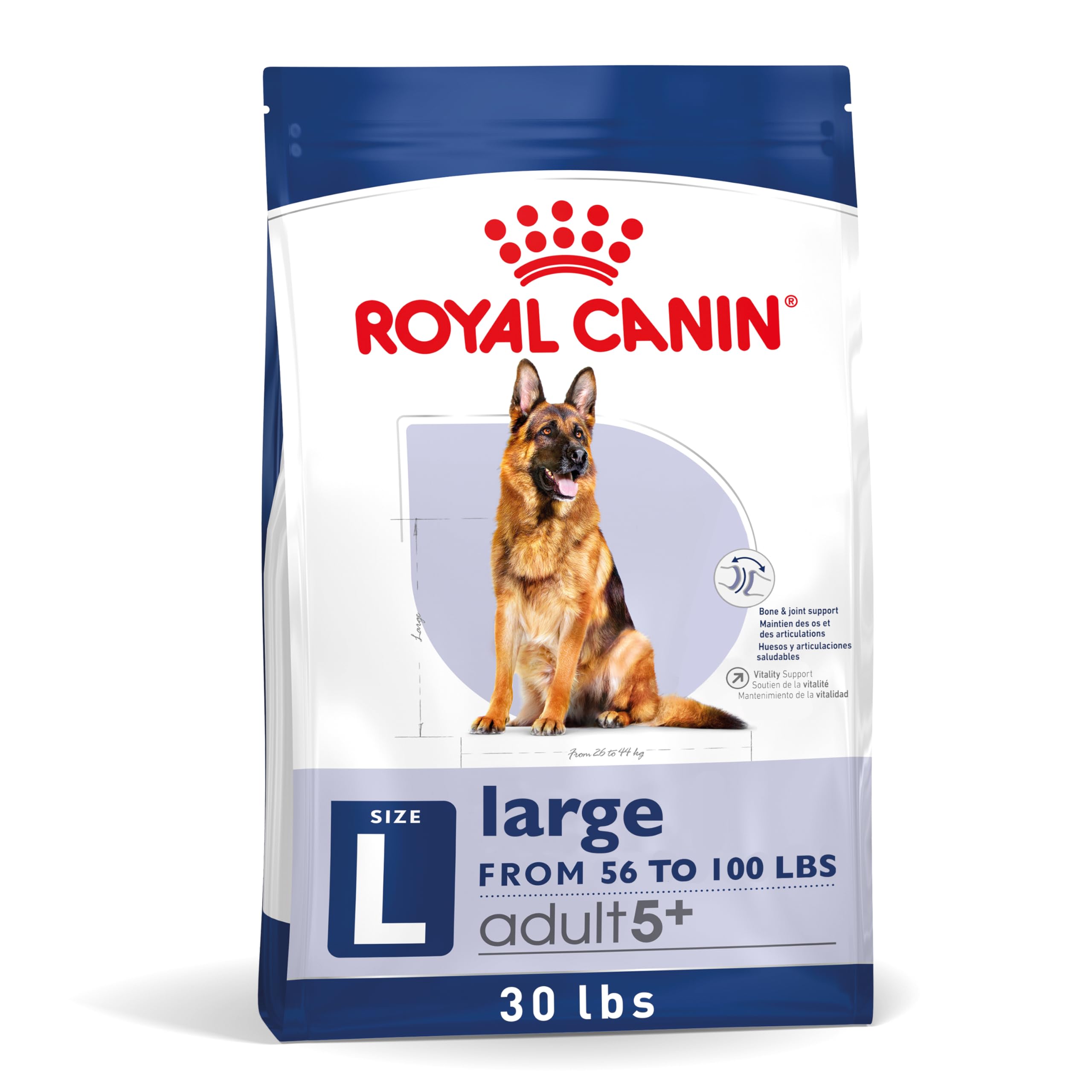 Royal Canin Size Health Nutrition Large 5+ Mature dry dog food bag close-up signals premium quality