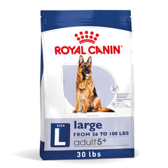 Royal Canin Size Health Nutrition Large 5+ Mature dry dog food bag close-up signals premium quality