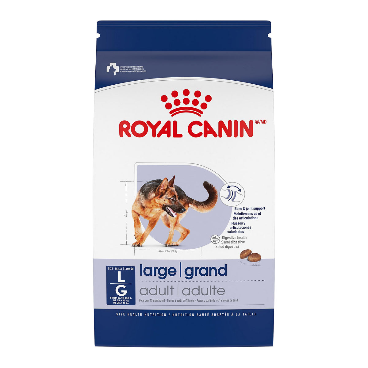Royal Canin Large Adult dry dog food bag supporting bone and joint health.