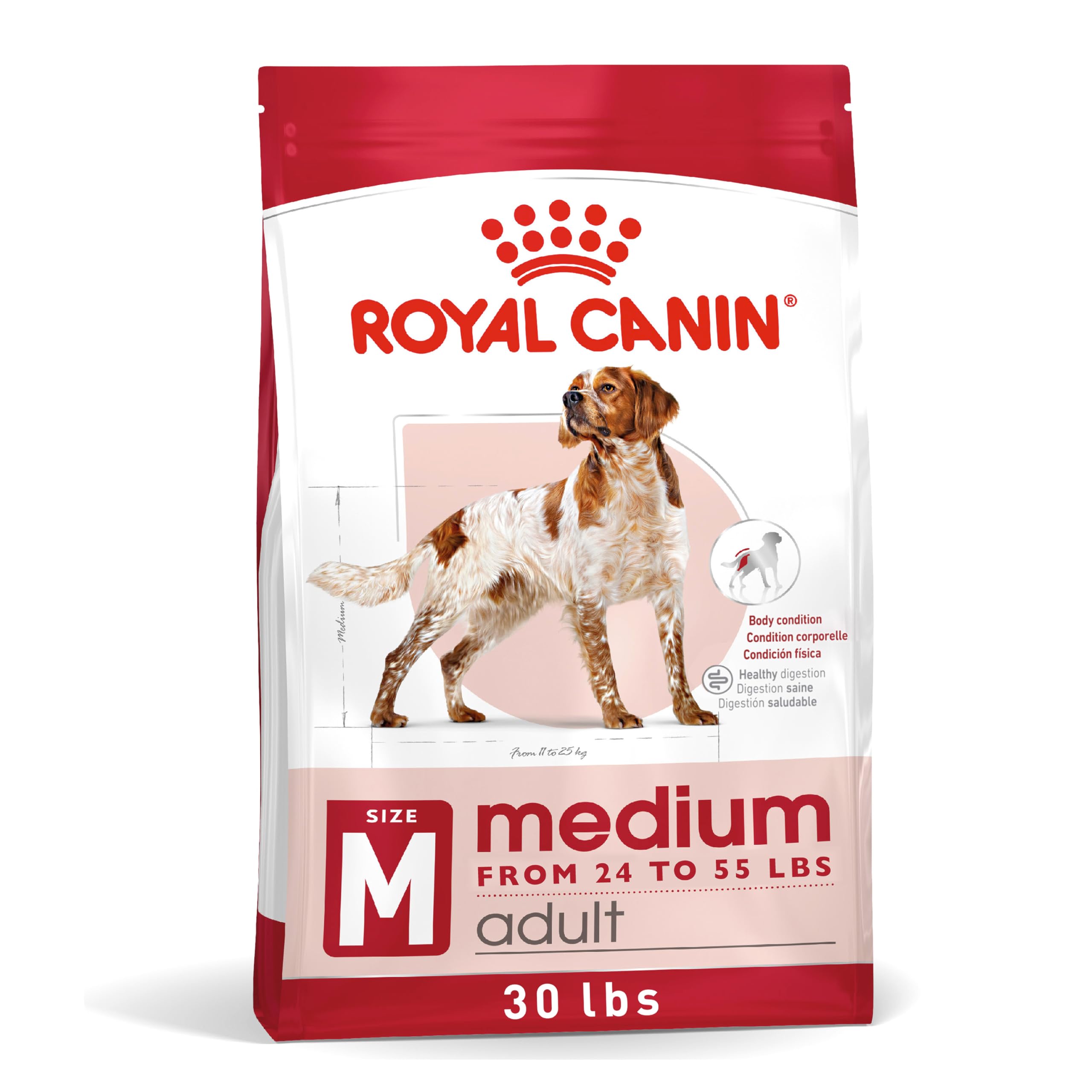 Royal Canin Size Health Nutrition Medium Adult dry dog food bag highlighting balanced nutrition for medium breeds