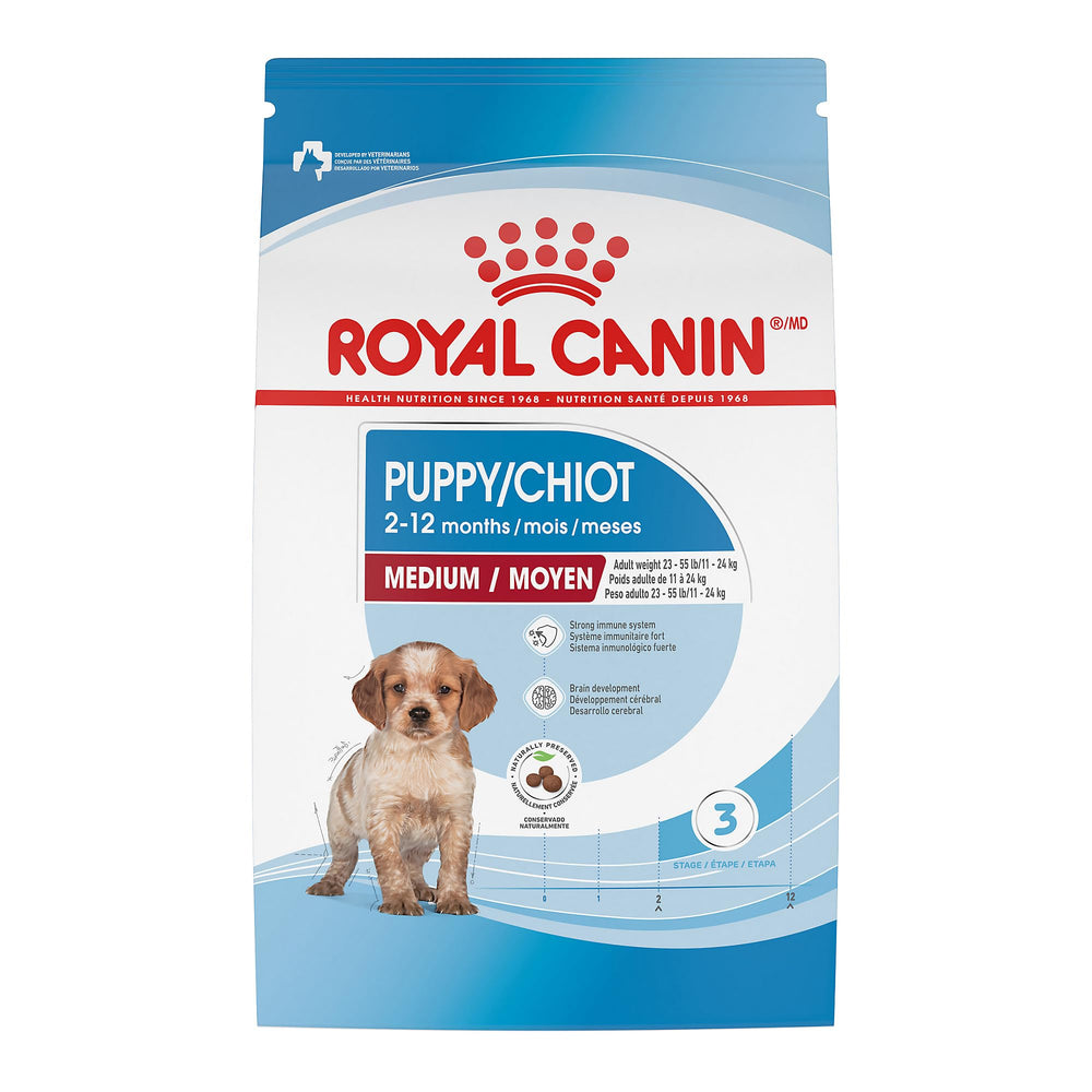Royal Canin Size Health Nutrition medium puppy dry food bag showing 17 lb packaging for easy serving.