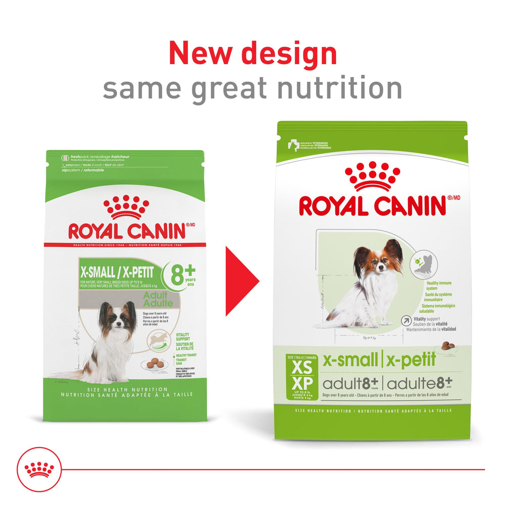 Close-up of Royal Canin X-Small kibble highlights its dental-cleaning design.