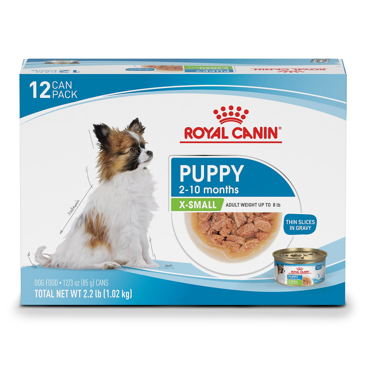 Royal Canin X-Small Puppy wet food packaging shows tailored nutrition for tiny breeds