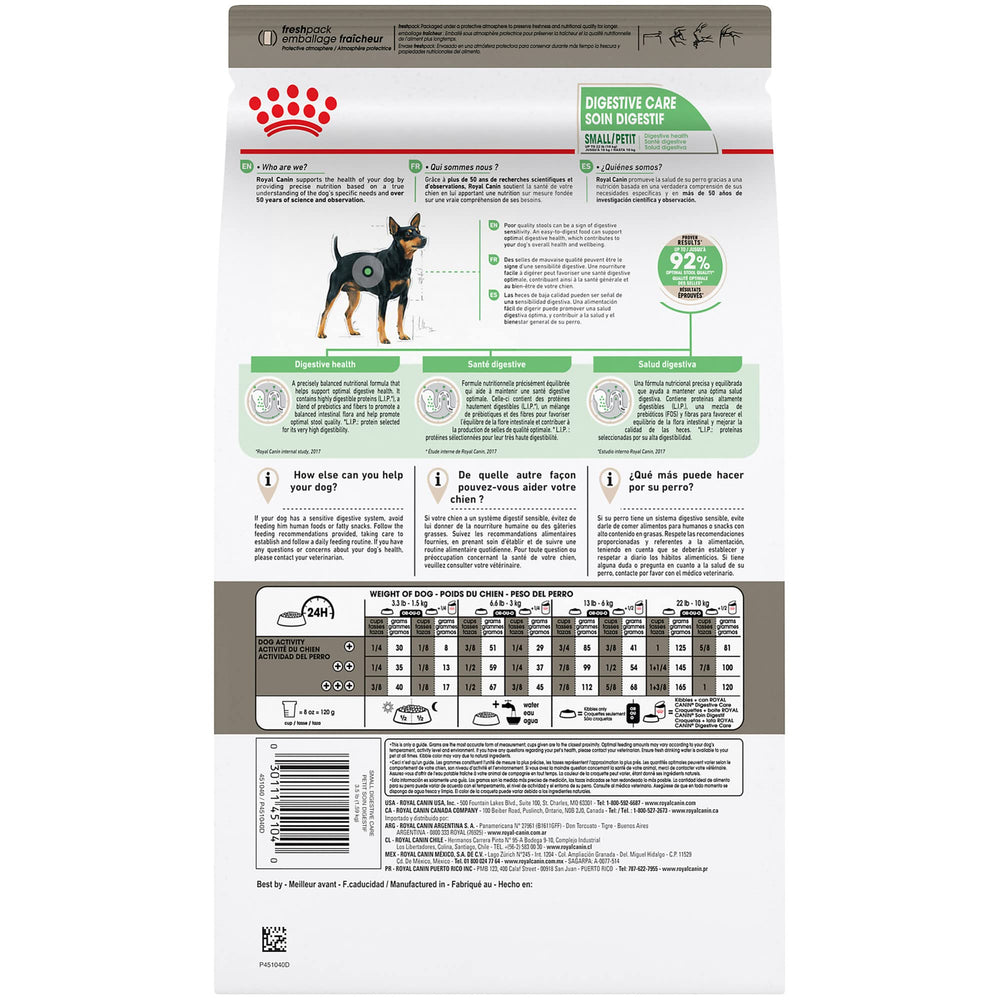 Royal Canin Small Digestive Care dry dog food served on schedule for sensitive stomach routines.