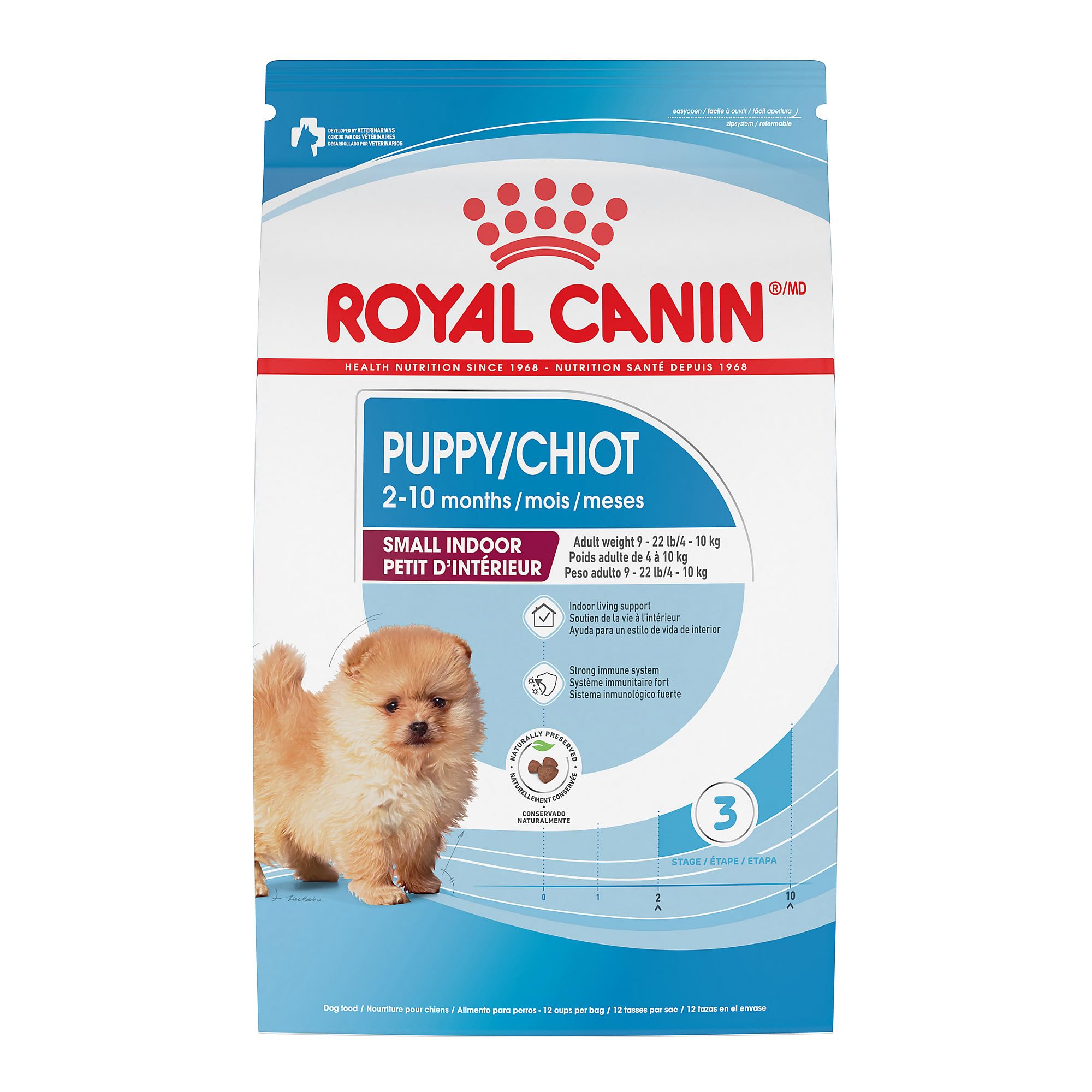 Royal Canin Small Indoor Puppy bag front, ready-to-serve packaging for feeding