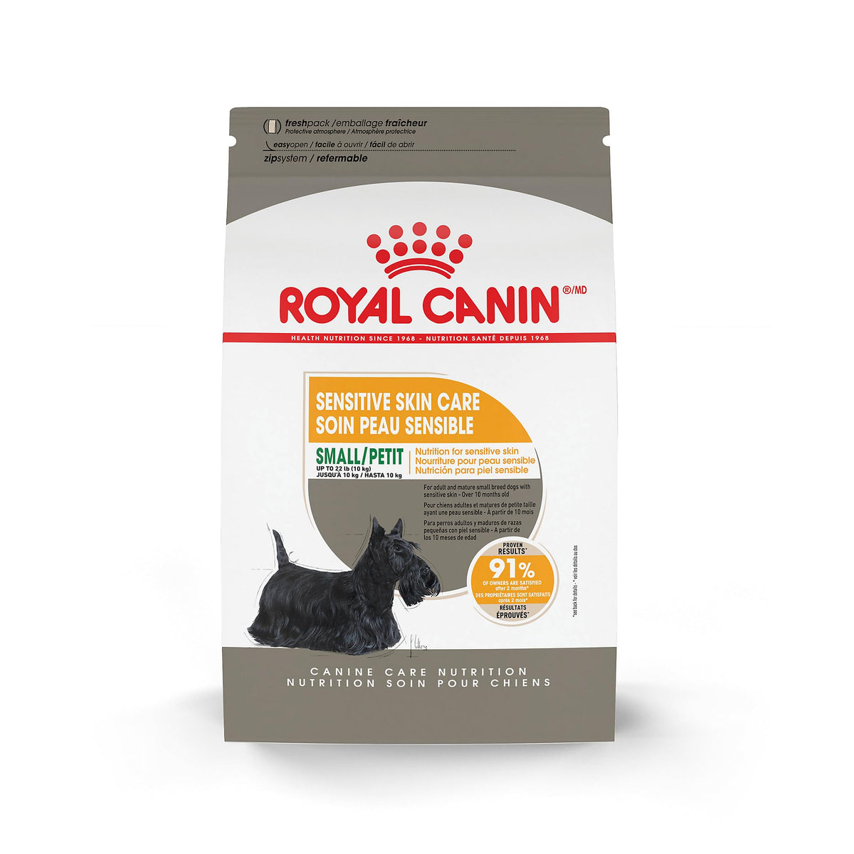 Royal Canin Small Sensitive Skin Care dry dog food in a bowl supports skin and coat health.