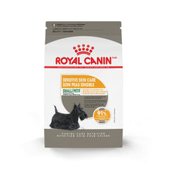 Royal Canin Small Sensitive Skin Care dry dog food in a bowl supports skin and coat health.