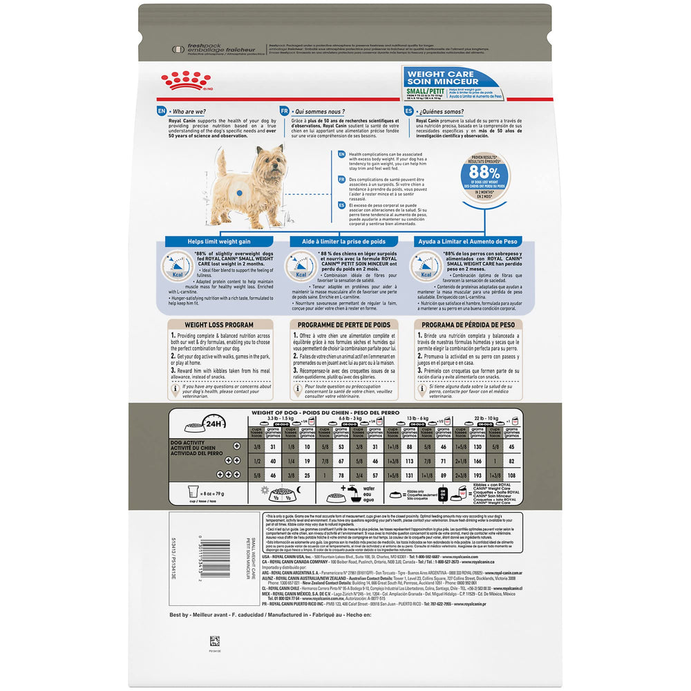 Royal Canin Small Weight Care bag on kitchen counter suggests everyday weight management.